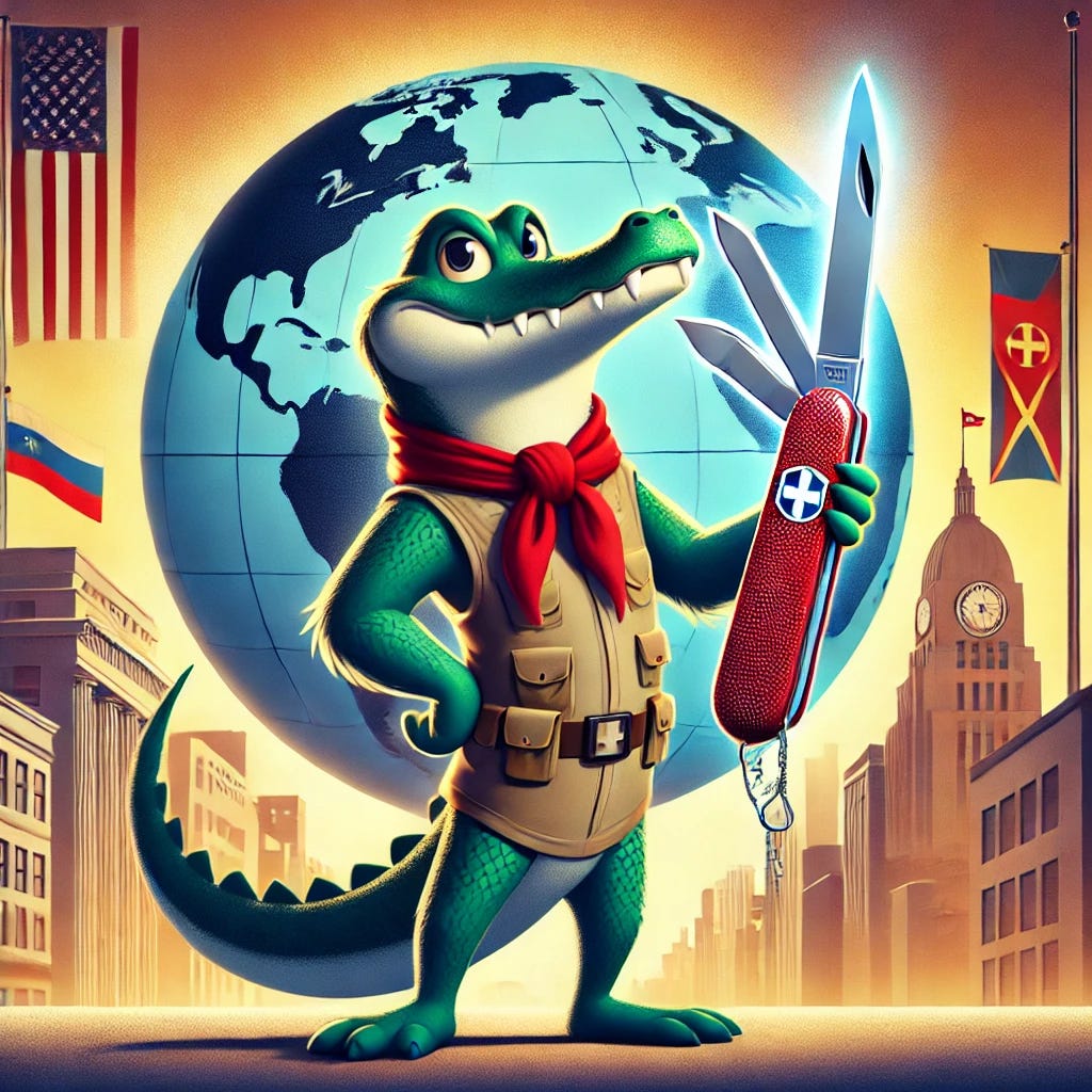 A Pixar-Disney-style anthropomorphic gator named Croaky standing confidently in front of a large globe, holding a glowing Swiss Army knife symbolizing global influence, with a subtle backdrop of historical elements like the Cold War and modern skyscrapers. The image should evoke themes of America's superpower status and adaptability in a multipolar world, with vibrant, inviting colors and no text or words included.