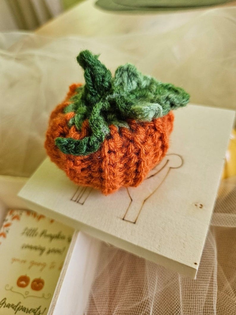 Pregnancy Announcement Crochet Little Pumpkin with custom message Orange