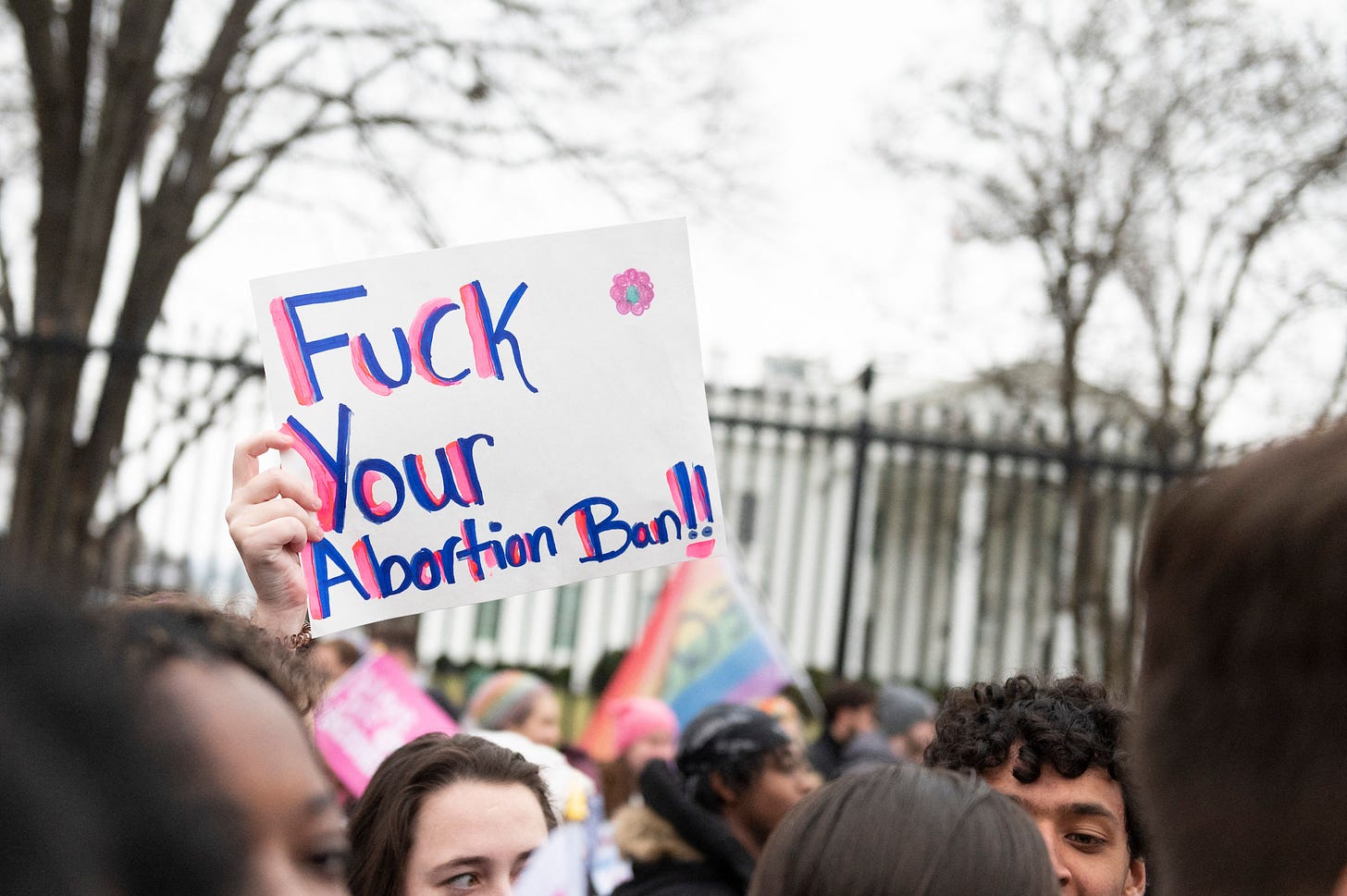 Person holding up a sign that reads "Fuck your abortion ban!"