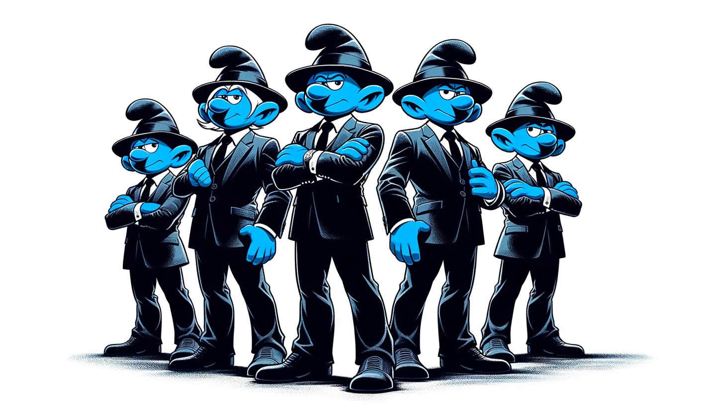Illustration of several blue-skinned agents with pointy hats and dark suits, resembling smurfs but with the stern demeanor of agents, standing in a dramatic pose.