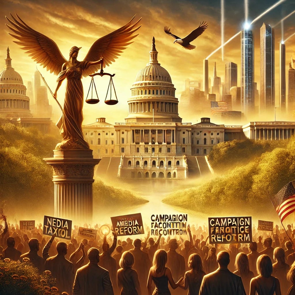 A powerful and visionary digital illustration of America's future, depicting a revitalized Capitol Hill bathed in golden sunlight. The skyline blends modern infrastructure with historical landmarks, symbolizing a reformed and strengthened nation. In the foreground, diverse citizens stand together, holding signs advocating for campaign finance reform, media accountability, and fair taxation. A symbolic balance scale is positioned in the center, representing justice and democratic revival. The atmosphere conveys hope, progress, and unity, with an eagle soaring overhead.