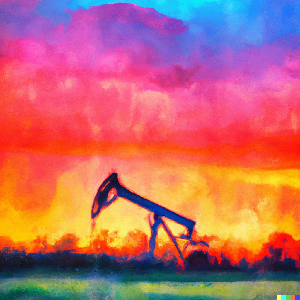 An AI image of an oil well at sunset.