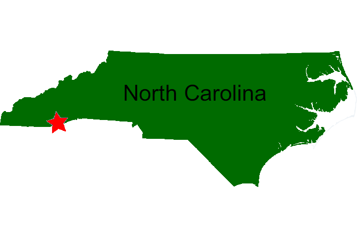 A map of North Carolina with a star in the southeastern part of the western panhandle of the state