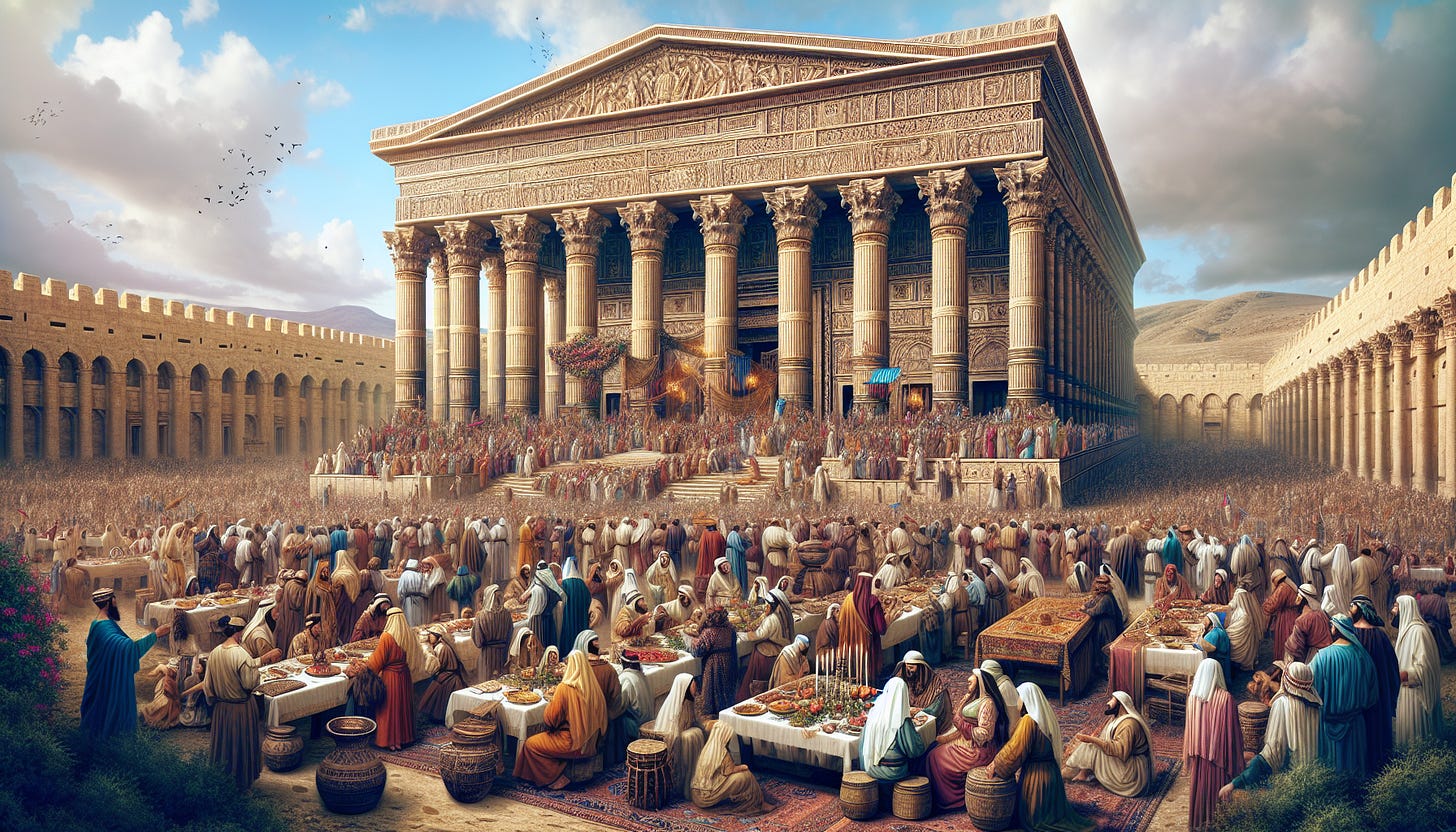 An ancient scene of Israel celebrating one of their feasts near the old Temple of Solomon in Jerusalem. The image captures a wide view with many people gathered in celebration, engaging in traditional activities such as dancing, singing, and feasting. The Temple of Solomon stands majestically in the background, with its grand architecture and detailed stonework. The area is filled with vibrant decorations and festive elements, reflecting the joyous and communal spirit of the occasion. The overall atmosphere is one of unity, tradition, and happiness.