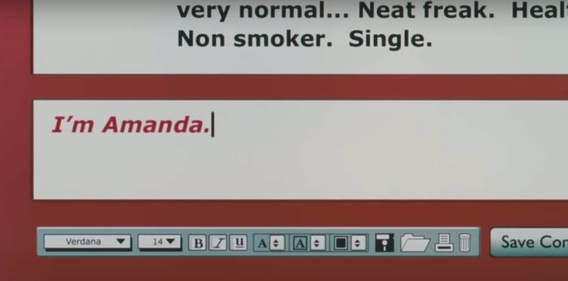 Chat screenshot showing Iris mentioning she's single and Amanda introducing herself.