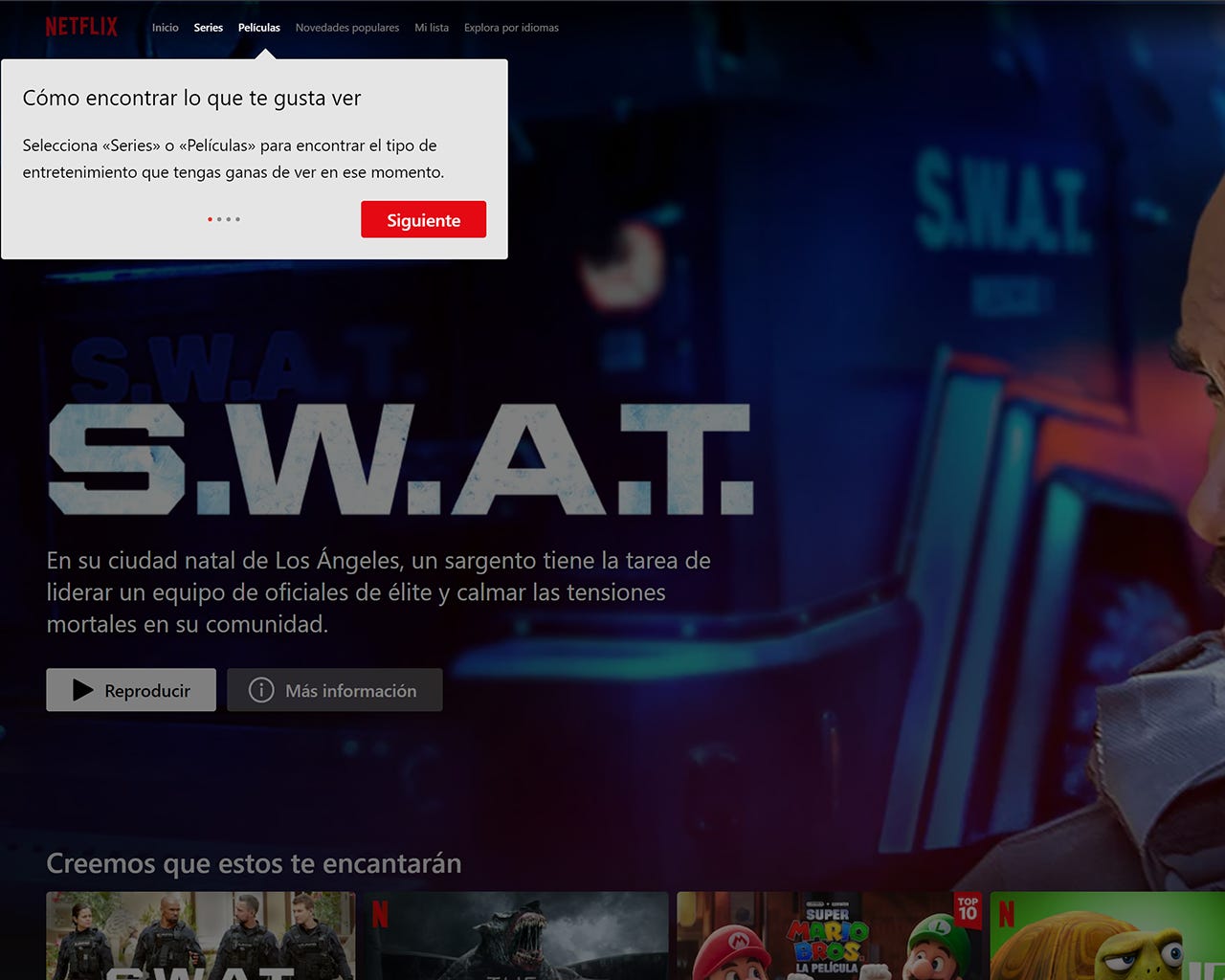 The Netflix initial main screen, with a popup purporting to guide the viewer through how to use the interface. The show "S.W.A.T." is previewed quite large in the center.