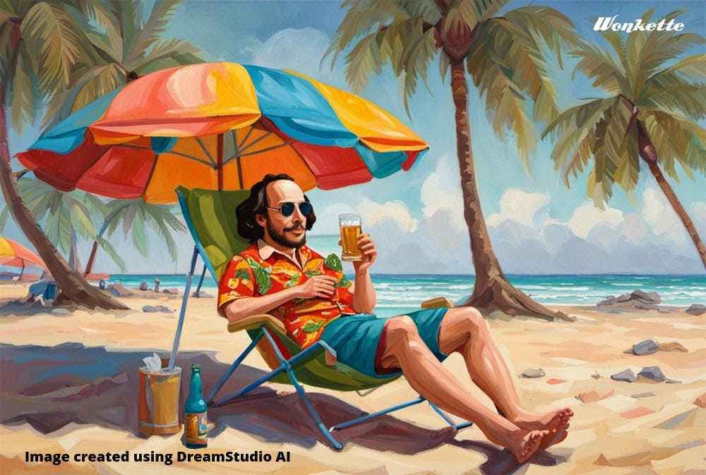 An AI-generated 'painting' of William Shakespeare relaxing in a folding lounge chair under an umbrella on a Florida beach, drinking a beer