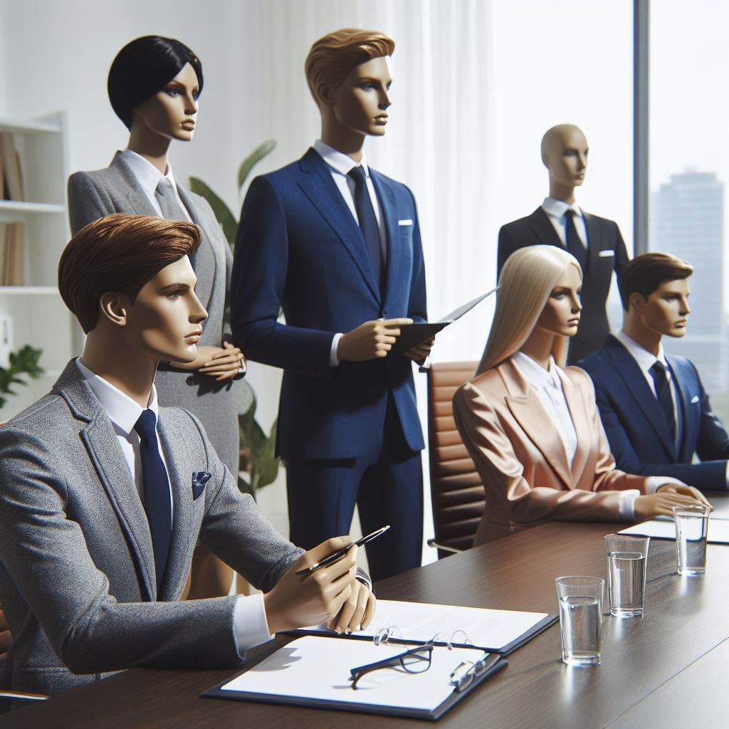 Mannequin CEO conducting a Boardroom meeting with fully-clothed mannequin diverse, male and female Directors.