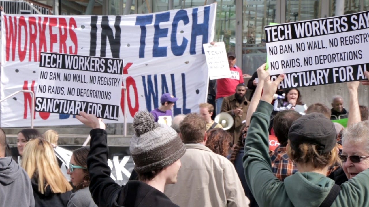 Tech workers protest immigration reform today in SF - YouTube