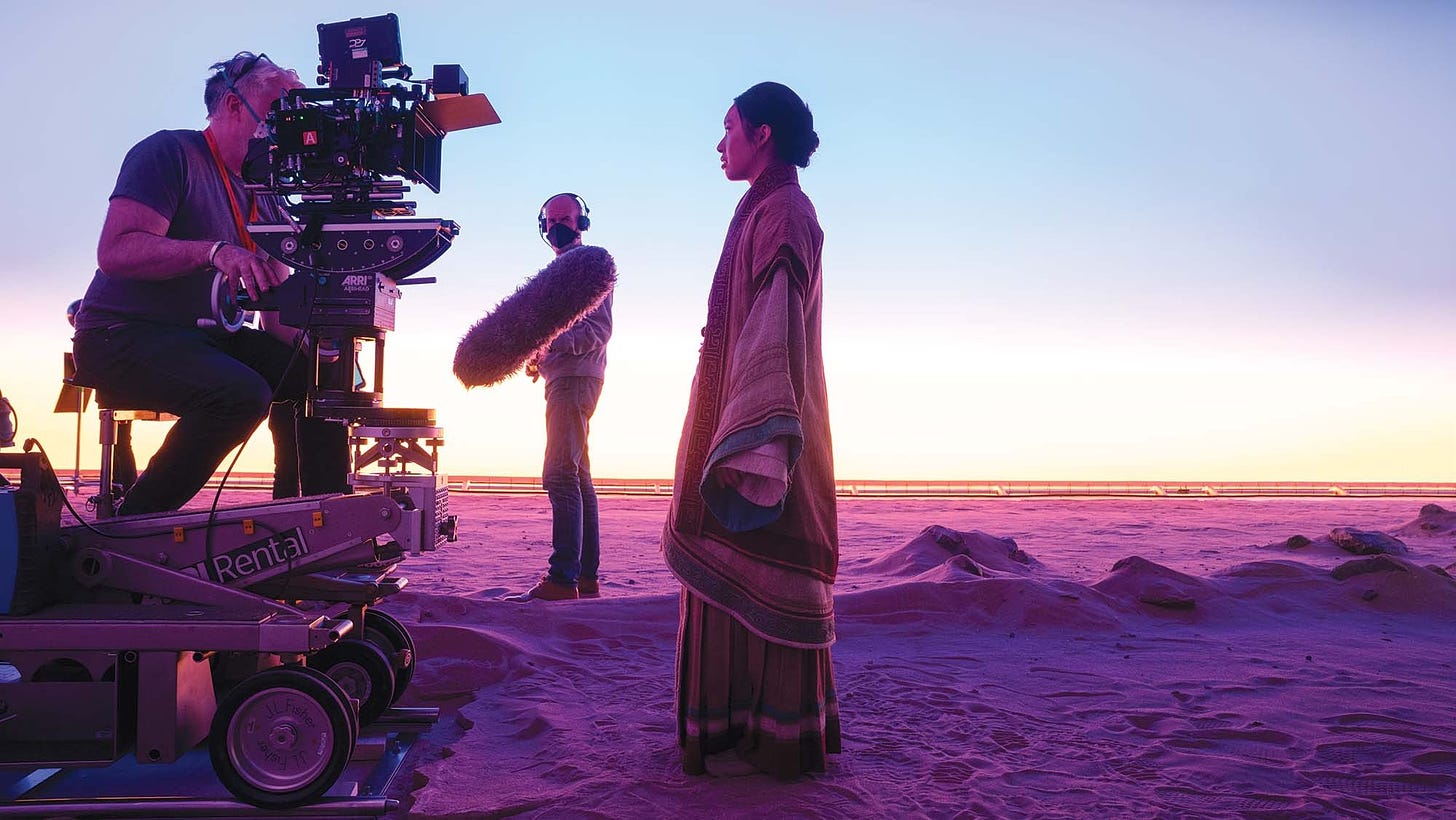 Jess Hong stands in a virtual reality game’s depiction of an alien world in a scene from 3 Body Problem, shot in February 2022 at Shepperton Studios in England.