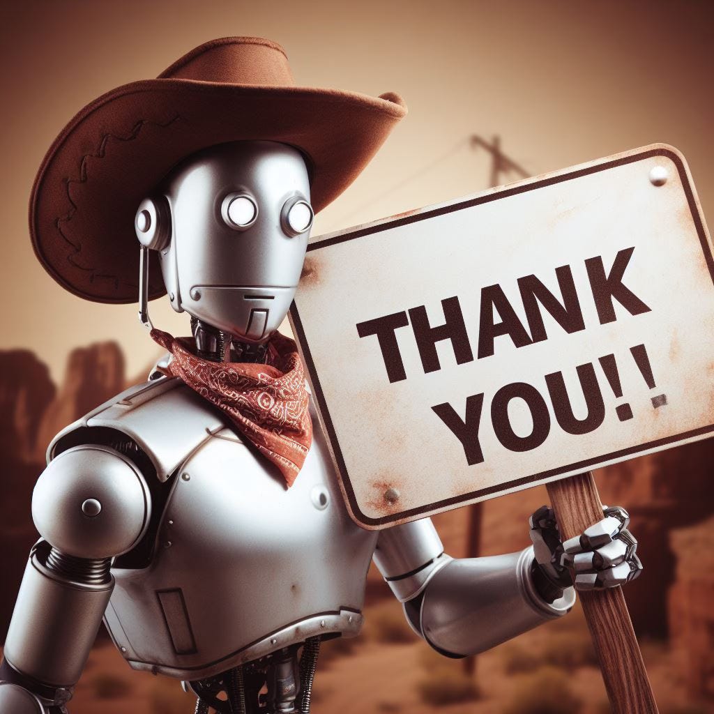 A Wild West robot holding a thank you sign