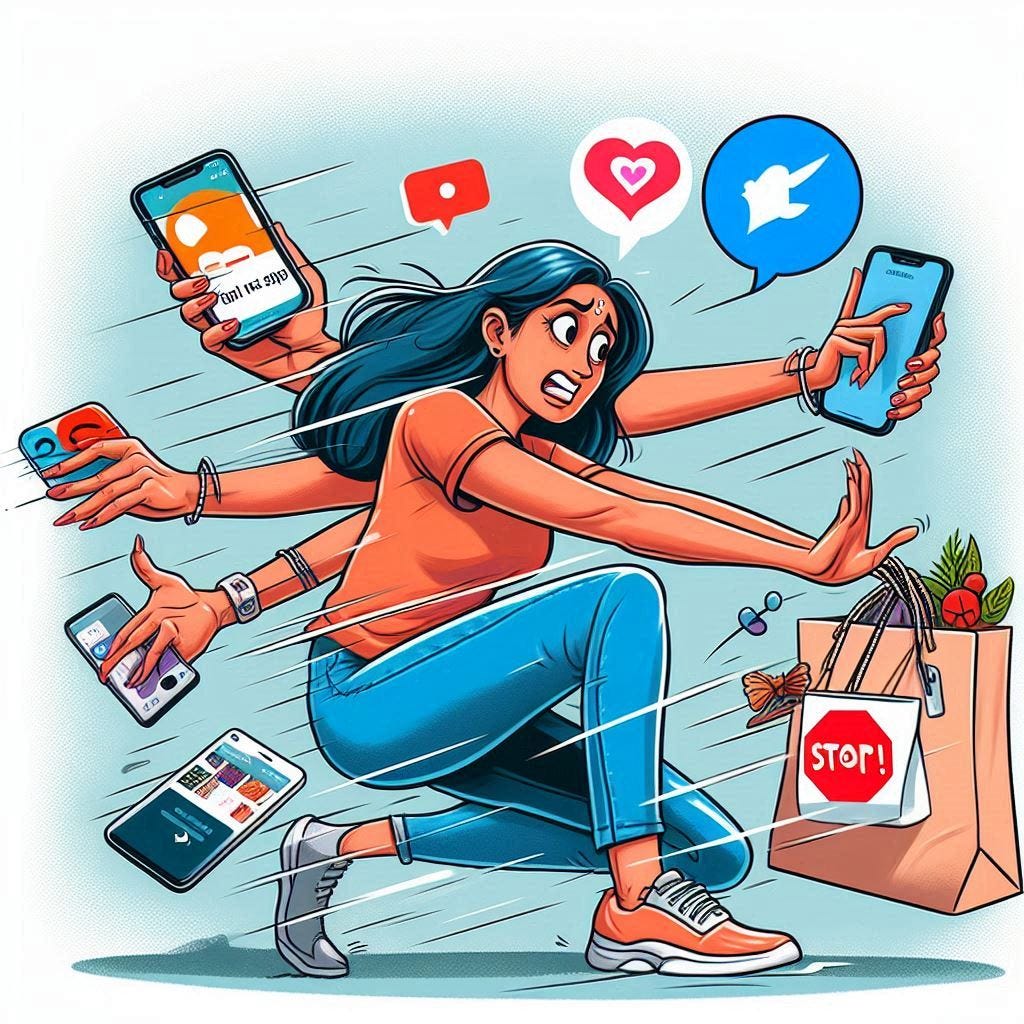 a cartoon of a woman trying to resist the instant gratification we face in the 21st century, such as online shopping and social media