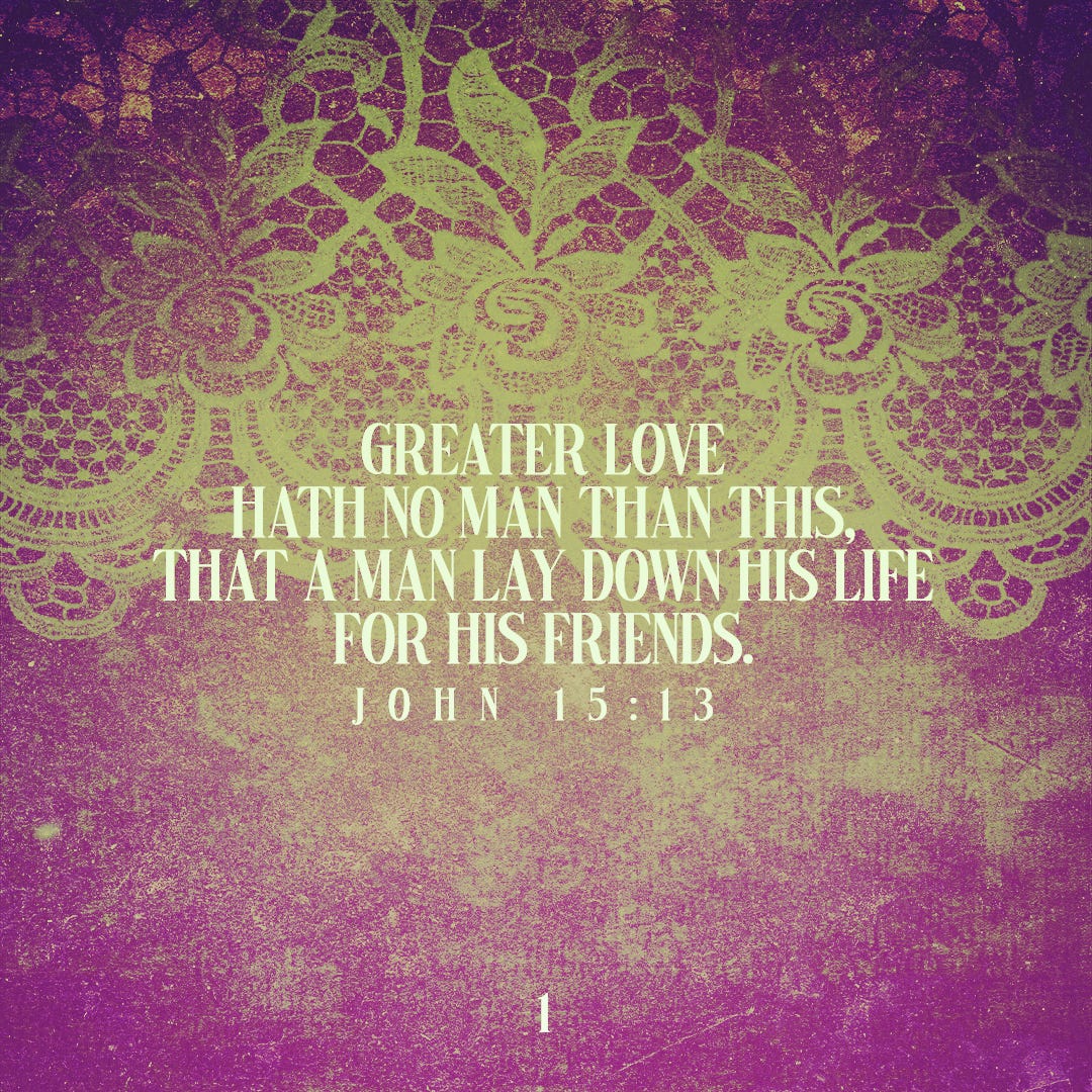 Greater love hath no man than this, that a man lay down his life for his friends. (John 15:13)