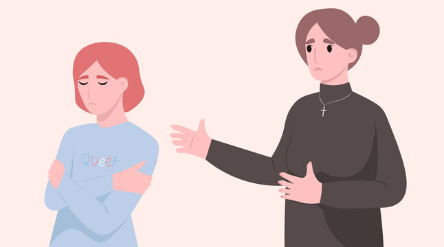 A trans girl wearing a shirt that says "queer" in trans flag colors, a mom, dressed conservatively, wearing a cross, appears to be making an appeal to their trans daughter. The daughter looks sad and dejected, the mom looks concerned and worried