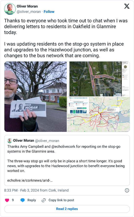 A tweet with the text, "Thanks to everyone who took time out to chat when I was delivering letters to residents in Oakfield in Glanmire today. I was updating residents on the stop-go system in place and upgrades to the Hazelwood junction, as well as changes to the bus network that are coming."