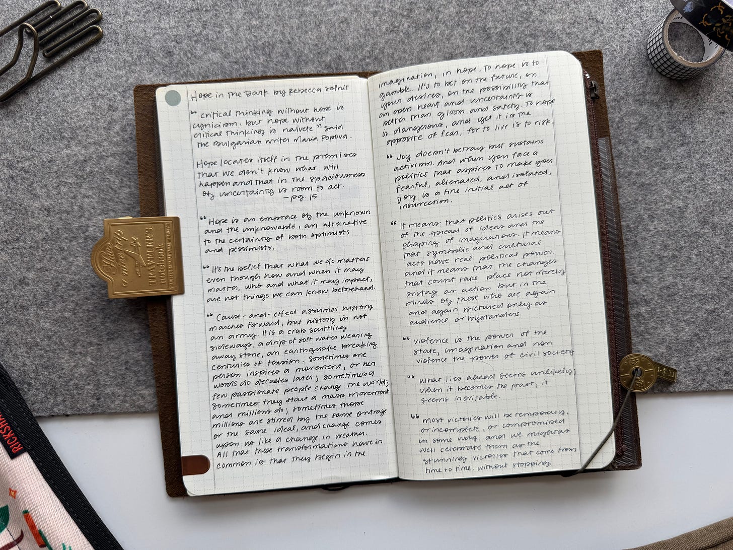 Traveler’s Notebook open on a white desk, with a grey felt desk mat in the background. Pages show quotes from Rebecca Solnit’s book “Hope in the Dark.”