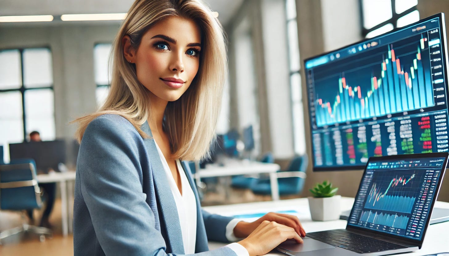 A professional-looking blonde woman analyzing her stocks. She is seated at a desk with a laptop, looking focused and engaged. She has neatly styled hair. The background includes financial charts and graphs on a screen, representing stock analysis. The setting is a modern, well-lit office. No text or words in the image.