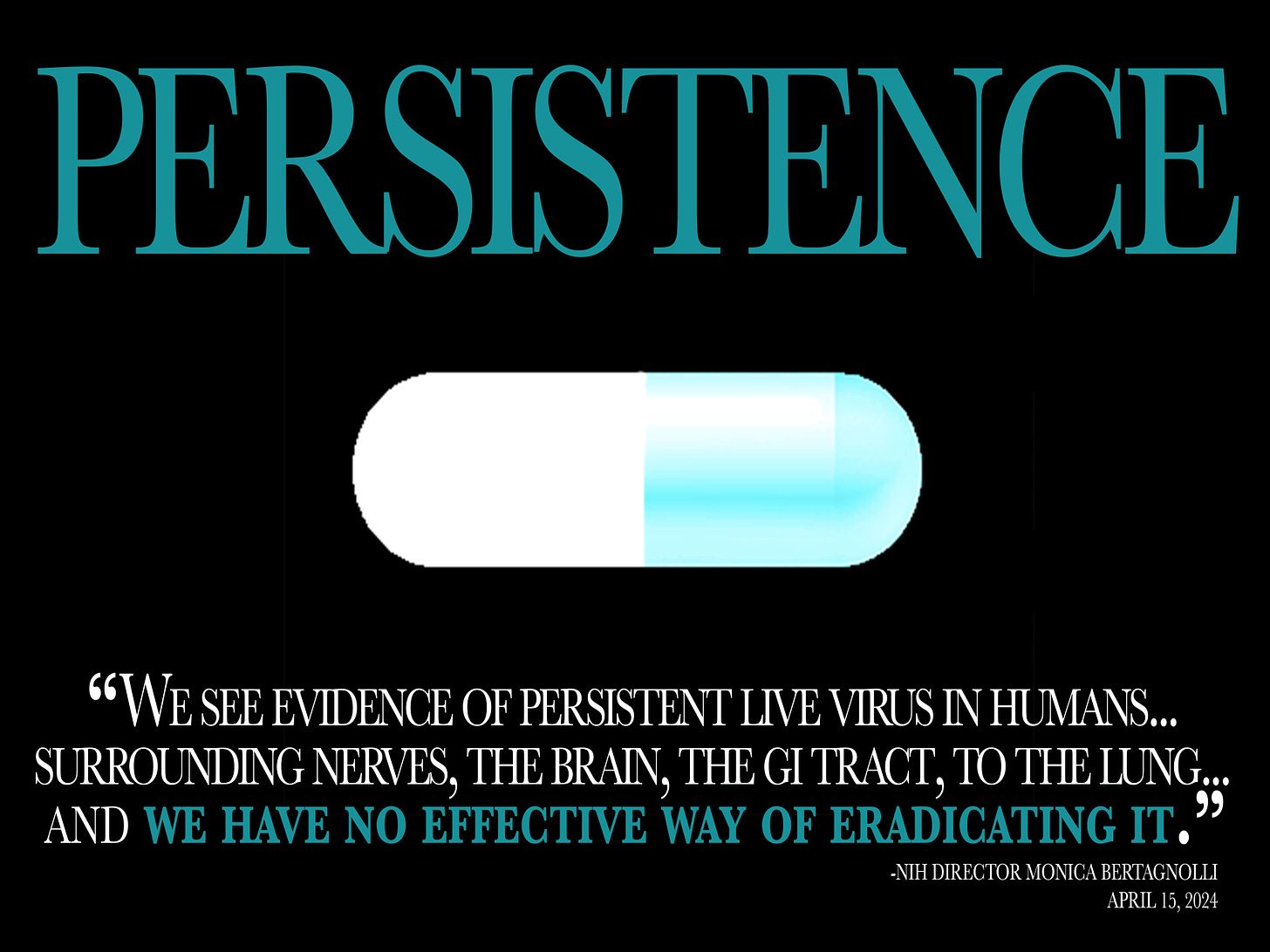 “We see evidence of persistent live virus in humans... surrounding nerves, the brain, the gi tract, to the lung... and we have no effective way of eradicating it.” A black background poster with a blue and white pill in the middle reads "PERSISTENCE" in all caps, with the aforementioned text across the bottom.