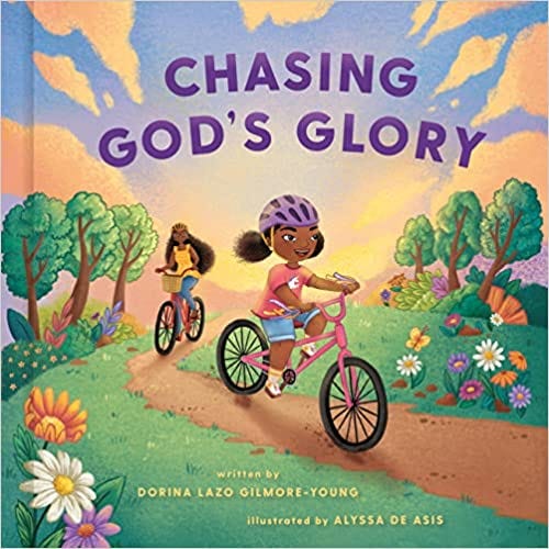 Chasing God's Glory, children's book, brown girl and her mom riding bikes through on a dirt path surrounded by trees and flowers