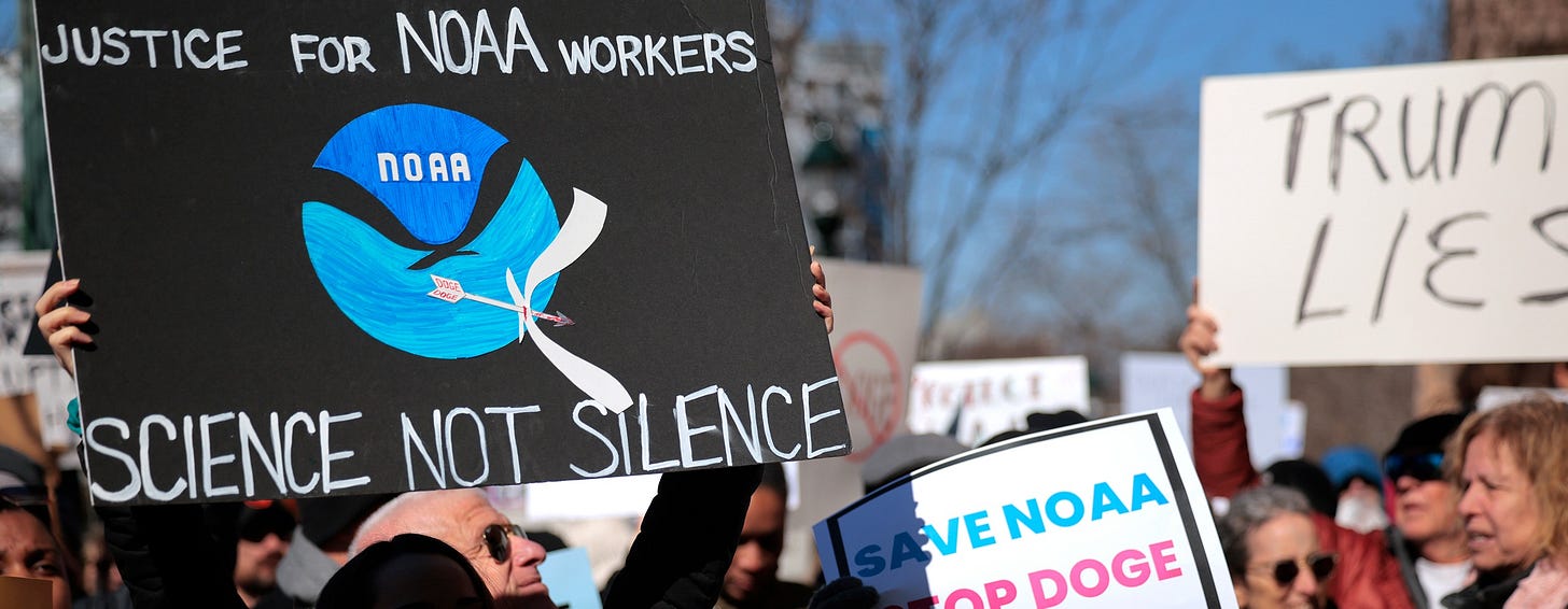 Hundreds of demonstrators gather to protest mass firings by the Trump administration outside the NOAA headquarters on March 3 in Silver Spring, Md. Credit: Chip Somodevilla/Getty Images Hundreds of demonstrators gather to protest mass firings by the Trump administration outside the NOAA headquarters on March 3 in Silver Spring, Md. Credit: Chip Somodevilla/Getty Images