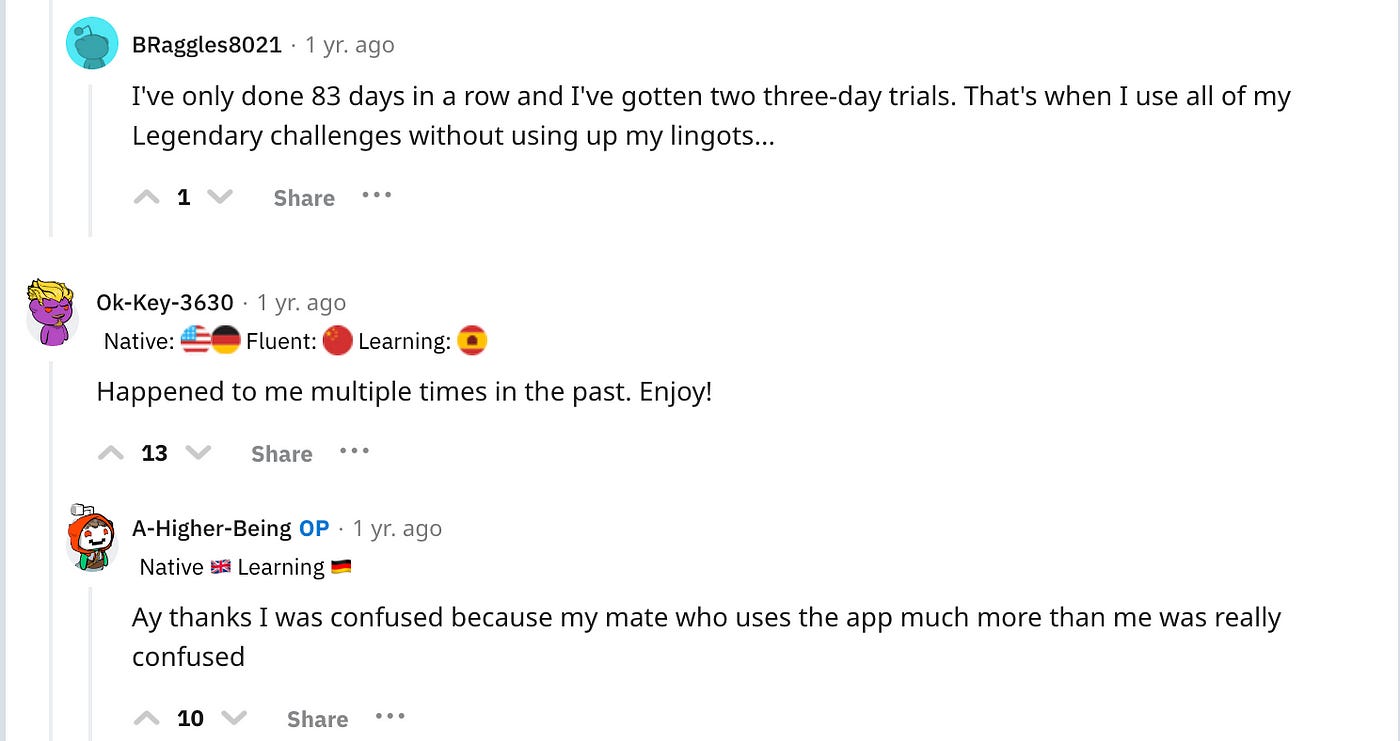 Screenshot of Reddit thread where 3 users are discussion how they got the 3 free days of premium