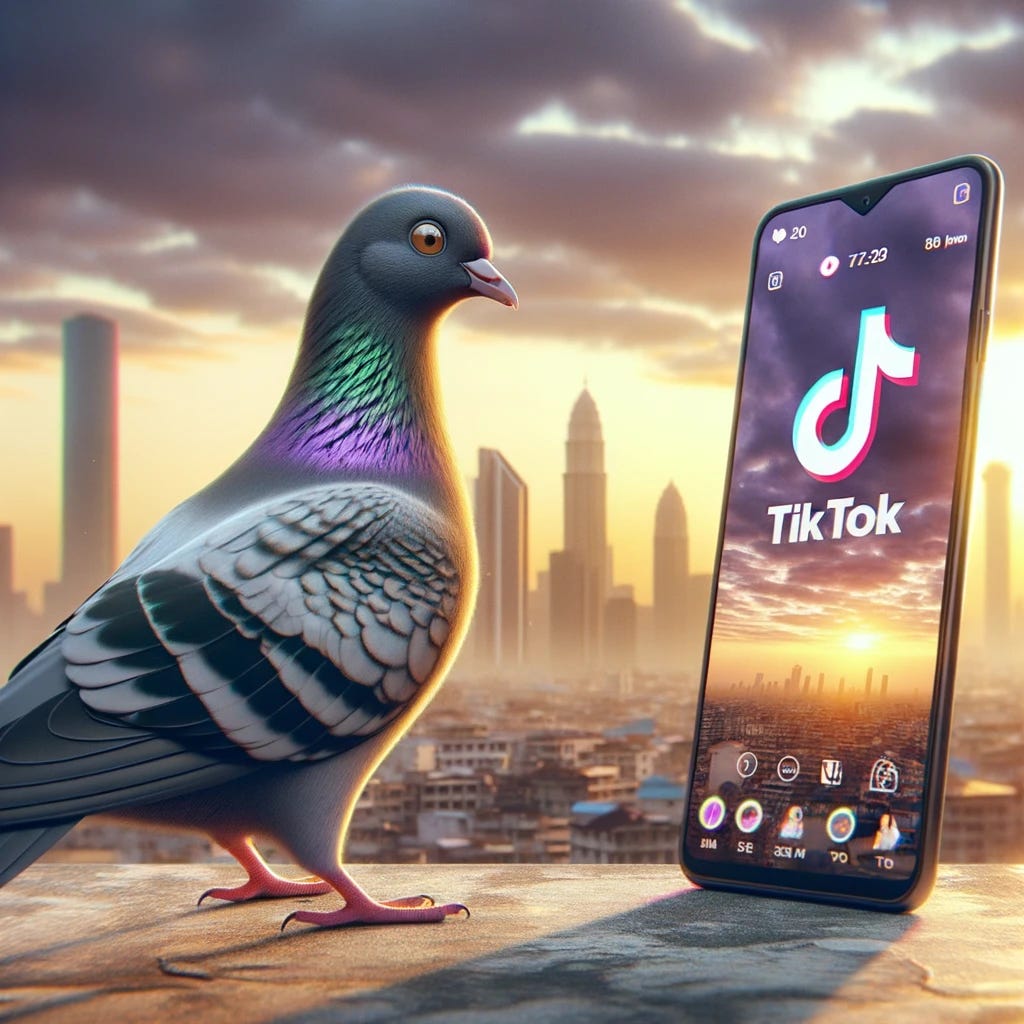 Photorealistic image of a curious pigeon standing on a rooftop, its head tilted slightly as it watches a huge phone screen showcasing the TikTok logo and popular video clips. Behind the pigeon, the sky is painted with the golden and purple shades of dusk, and distant skyscrapers stand tall, their windows reflecting the last rays of the sun.