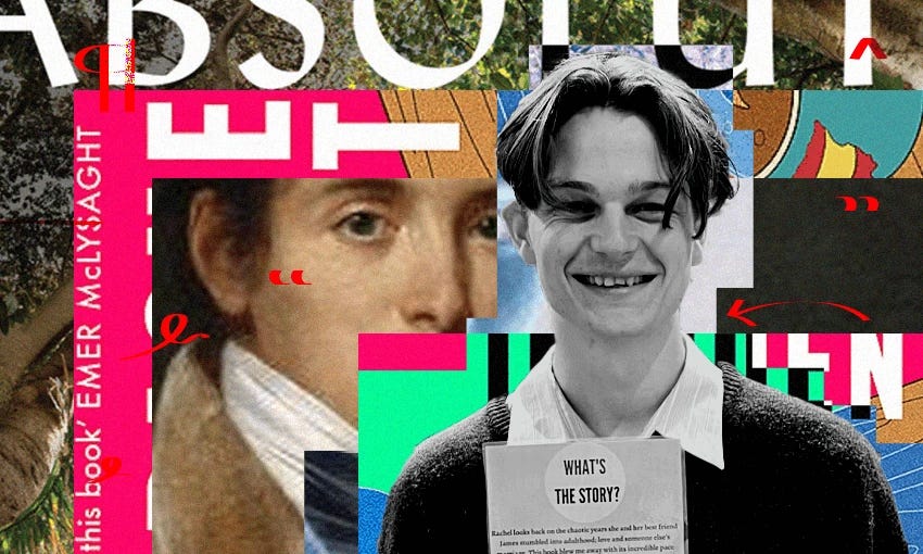 The image is a vibrant collage featuring a mix of elements, including text, colorful shapes, and a portrait of a smiling individual holding a book or a paper with the text "WHAT'S THE STORY?" on it. The background includes various layers, one of which appears to be a historical figure or artwork partially visible.