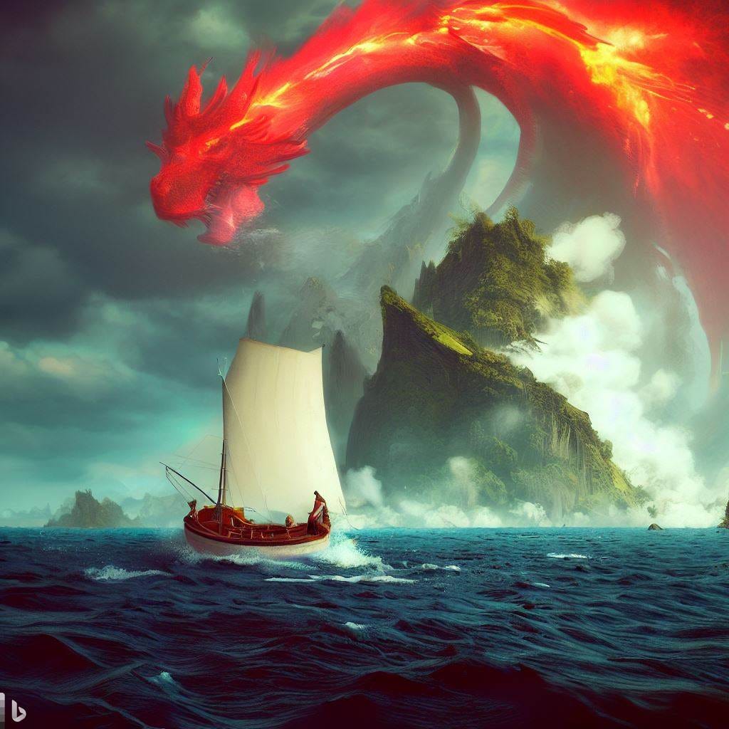 large Island in the middle of a hurricane, adventurer on sailboat, red dragon breathing fire at boat, fantasy art