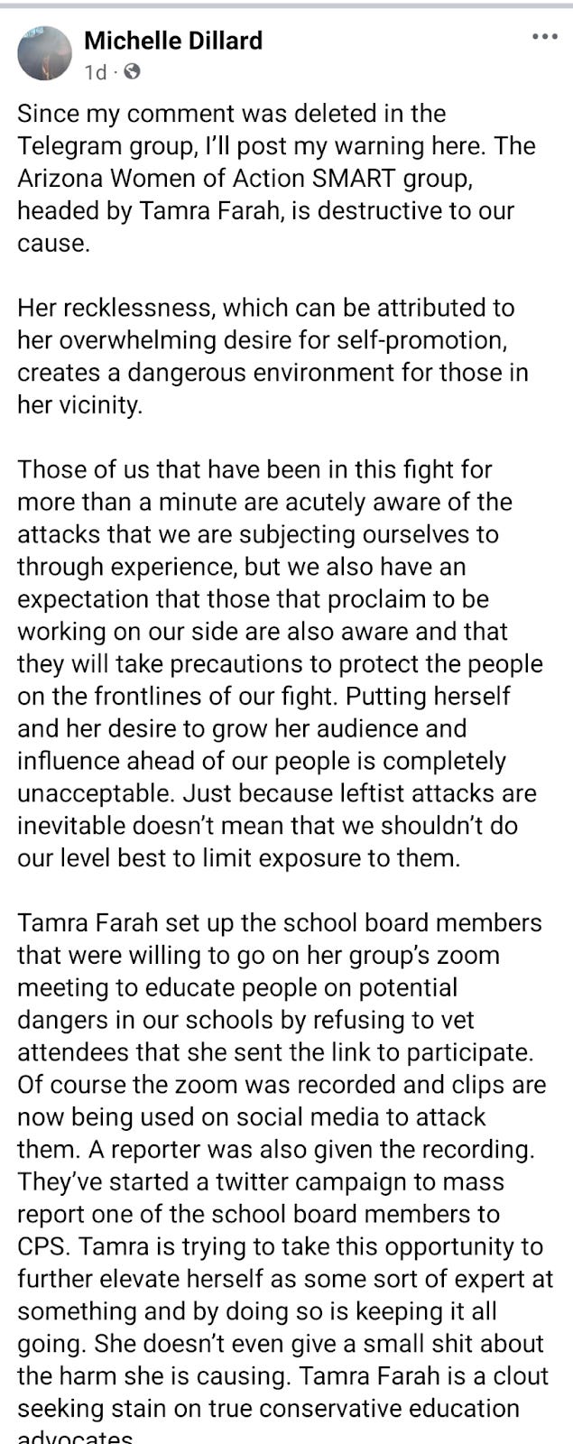 Social media post warning about AZ Women of Action SMART group