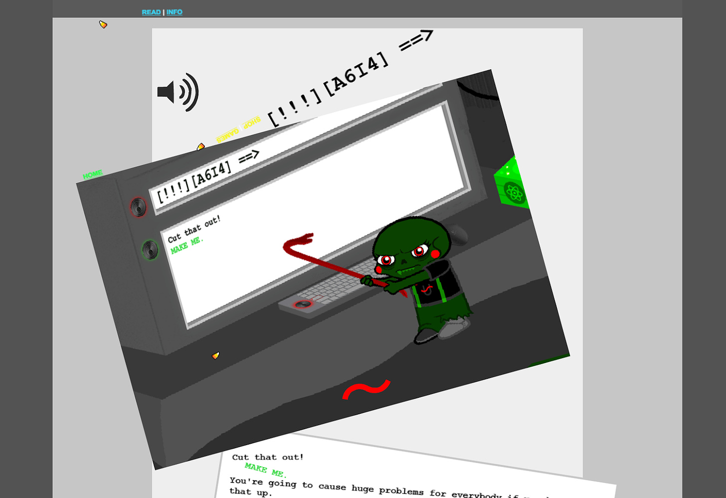 A screenshot of Homestuck, featuring the character Caliborn hitting a computer console. Around him, the site is falling apart, with the various HTML elements overlapping at askew angles