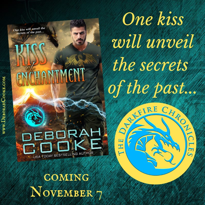 Kiss of Enchantment, book one of the Darkfire Chronicles series of paranormal romances featuring dragon shifter heroes by Deborah Cooke, coming in November