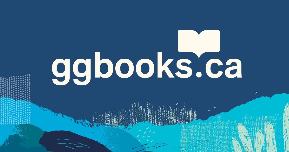 Illustration card with a white “ggbooks.ca” logo against a multi-patterned background with several blue hues. The ggbooks.ca logo has a symbolic open book above the dot.