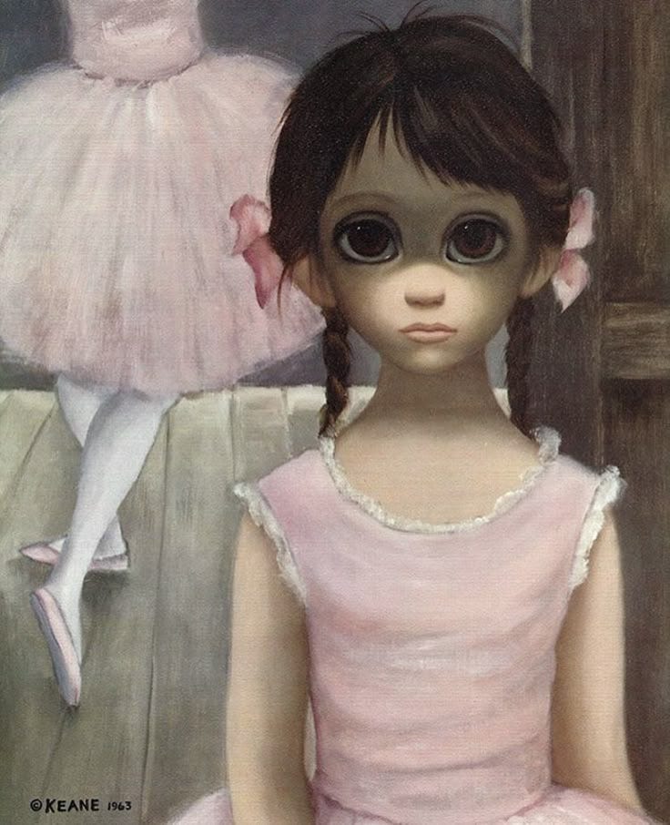 Painting by Margaret Keane of a young ballerina in a pale pink dress with braids and wide, sorrowful eyes. Another dancer is seen blurred in the background, emphasizing isolation and emotional stillness.