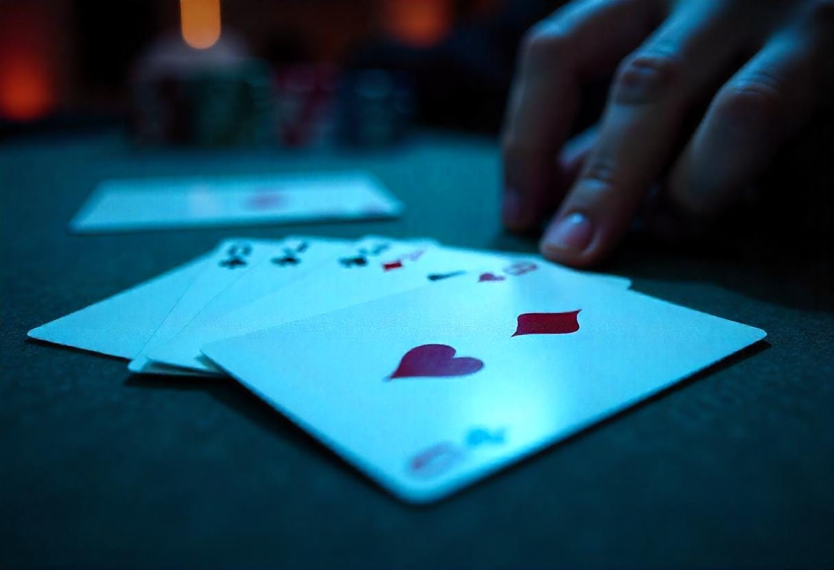 Playing cards on a table, someone's hand close by