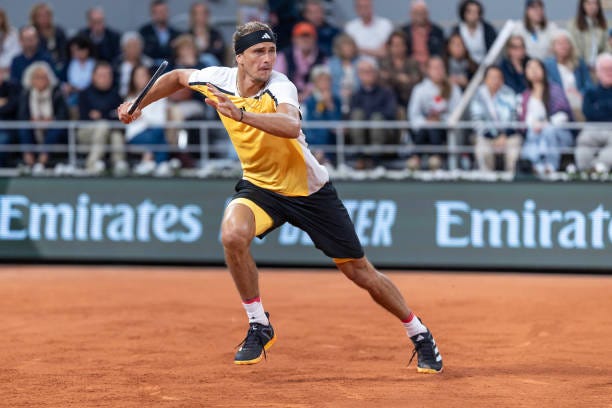 Alexander Zverev of Germany in action against Rafael Nadal of Spain on Court Philippe-Chatrier during the first round of the 2024 French Open Tennis...