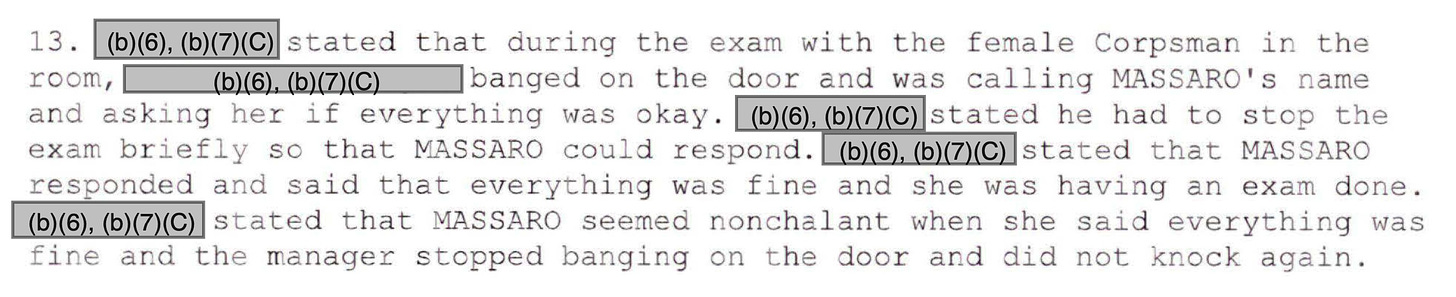 The NCIS investigative file’s summary of the PA who treated Ashley Massaro in Kuwait recalling how a panicked Gary Davis banged on the exam room door out of concern, which is quoted below. (Image source: NCIS FOIA response.)