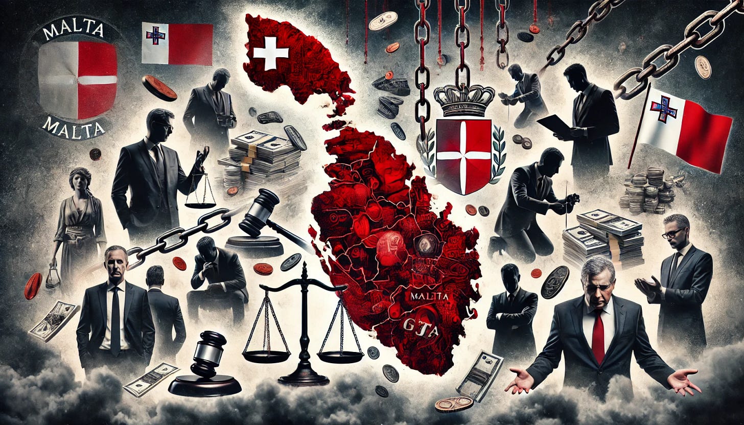 An image depicting corruption in Malta, involving politicians and businessmen. Show the map of Malta with dark and red tones, symbols of corruption such as money, chains, and shadowy figures representing politicians and businessmen. Include elements like broken justice scales, ominous clouds, and a pervasive sense of malfeasance.