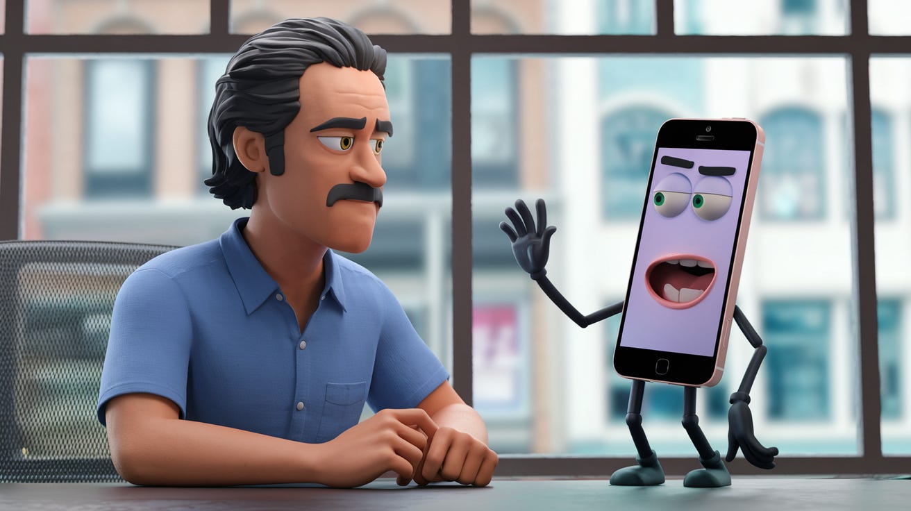 AI-generated image of an animated iPhone talking to a man with a moustache