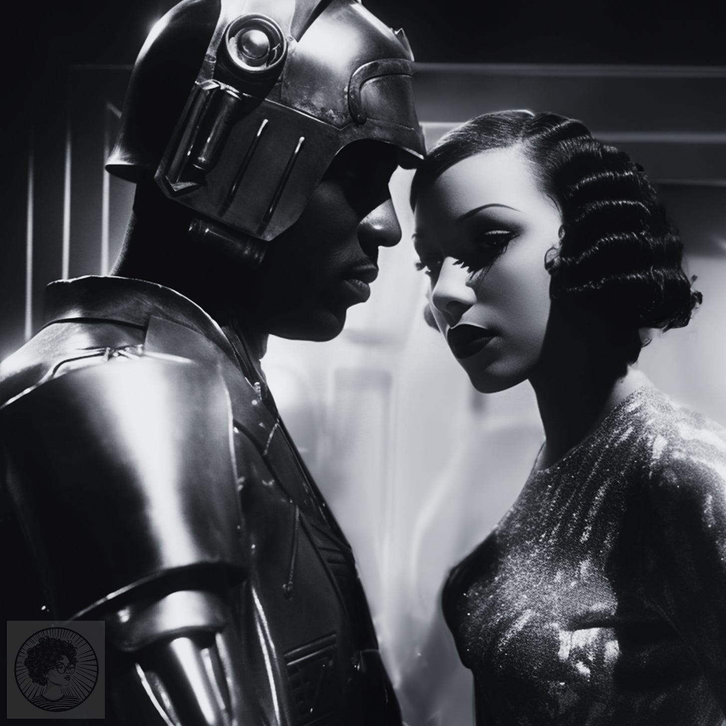 black-and-white photograph of robot and human couple, standing close together, in the style of film noir
