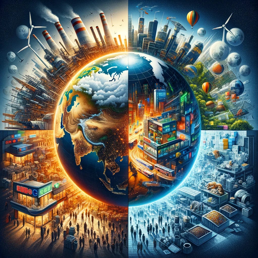 An artistic representation of the diverse global economic landscape. The image features a large globe in the center, divided into segments, each depicting different economic conditions. One segment shows China, characterized by bustling factories and industrial activity, contrasting with quiet consumer spaces, illustrating strong production but weak domestic consumption. Another segment depicts the United States, with scenes of busy shopping and moderate industrial zones, reflecting an effort to balance reasonable consumption with lagging production. The third segment shows Europe, where both shopping districts and factories appear subdued, symbolizing struggles in consumption and production. Surrounding the globe are icons representing energy and material resources like oil barrels, wind turbines, and minerals, highlighting their significant impact on global economic dynamics.