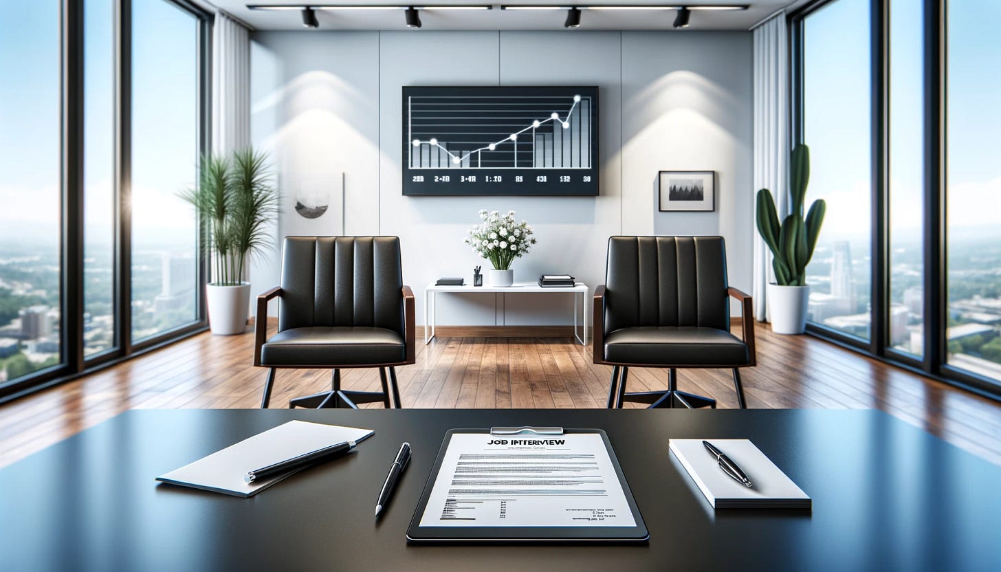 A widescreen image of an empty interview room symbolizing job interview tips. Two chairs facing each other, one behind a modern desk. On the desk, a neatly arranged resume, a pen, and a digital tablet displaying a graph. The room is bright and professional, capturing the essence of a job interview setting without people. The composition is wide and panoramic to fit a widescreen format.