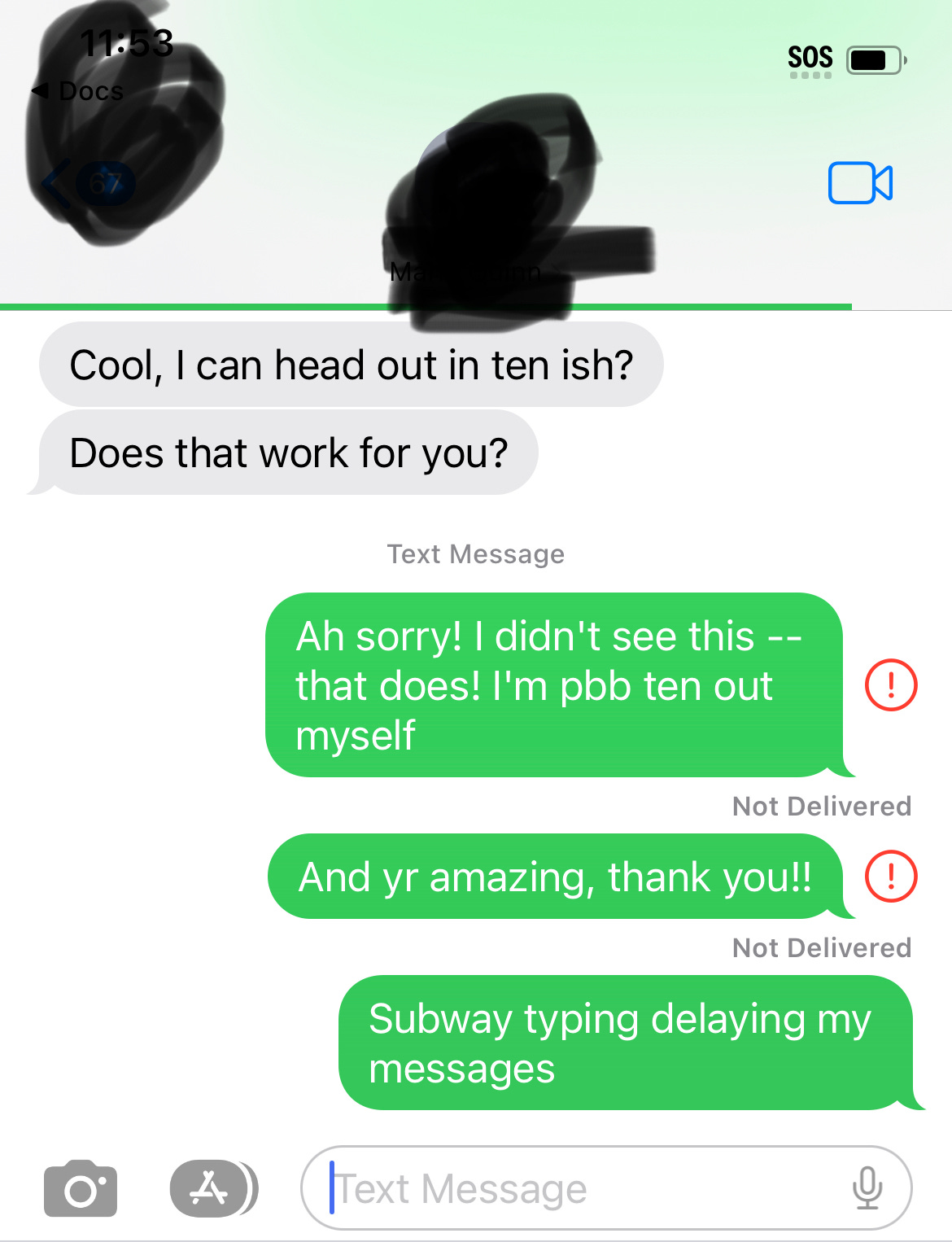 A screenshot shows green text messages failing to send from an iPhone because of poor data.