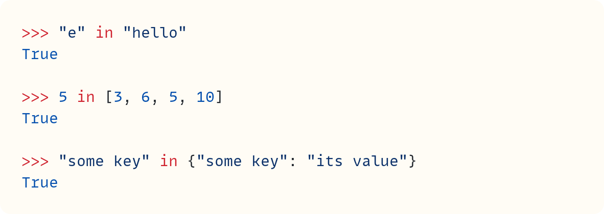 >>> "e" in "hello" True  >>> 5 in [3, 6, 5, 10] True  >>> "some key" in {"some key": "its value"} True