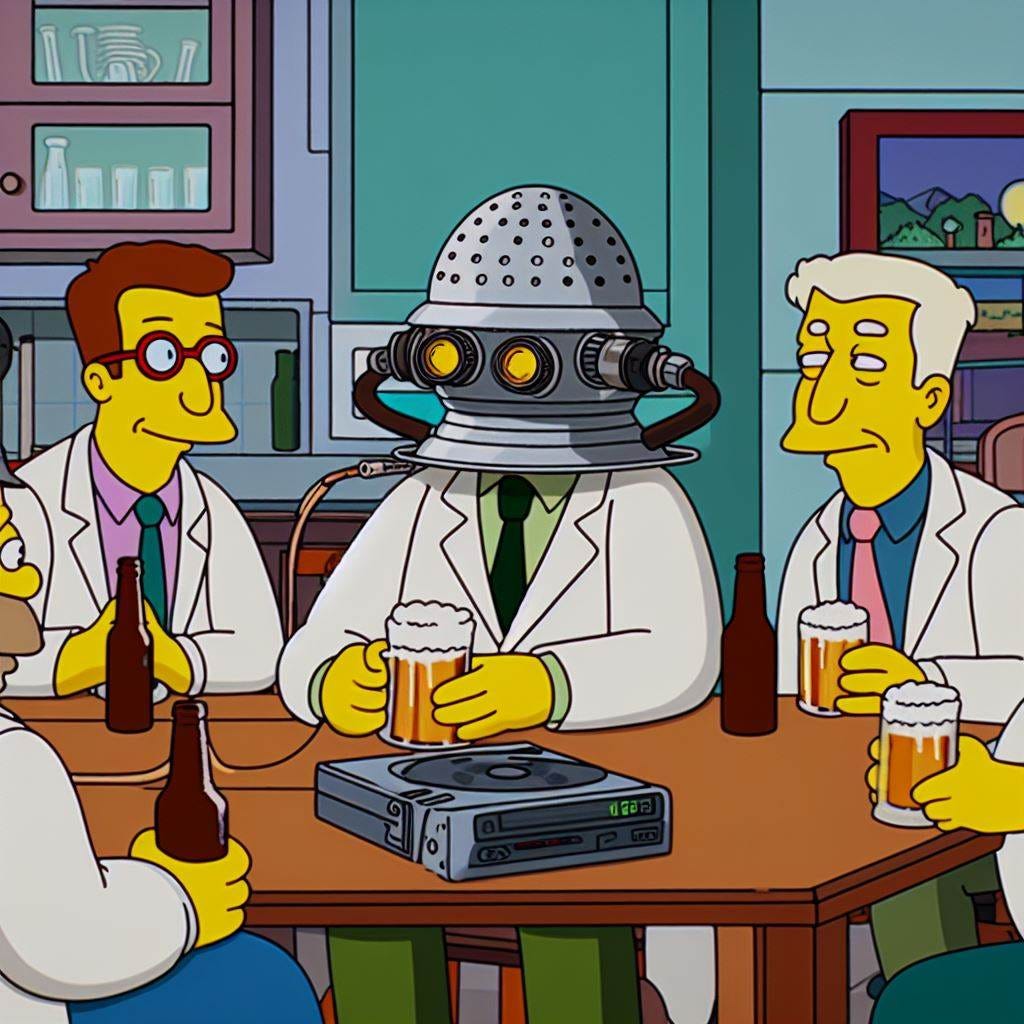 In the style of Simpsons a group of scientists drink beer at a kitchen table whilst one of them wears a helmet made form a colander attached to a vcr.