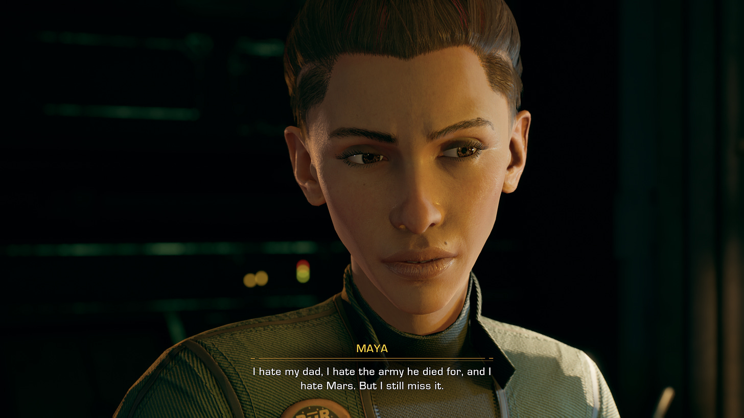 A screenshot of the game The Expanse: A Telltale Series, showing a close-up of the character Maya as she says "I hate my dad, I hate the army he died for, and I hate Mars. But I still miss it."