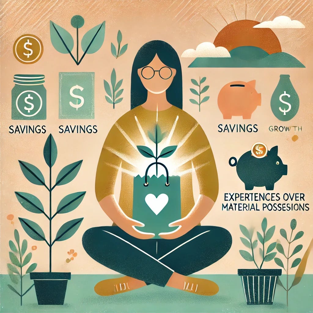 A calming and inspiring illustration representing the concept of mindful spending. The image features a person holding a shopping bag with a small glowing heart, symbolizing thoughtful and intentional purchases. Surrounding the person are icons of savings, a plant symbolizing growth, and a sunset representing experiences over material possessions. The background uses soft, warm colors like muted greens, blues, and gentle oranges to create a sense of peace and contentment. The style is simple yet uplifting, focusing on the idea of aligning spending with personal values and finding joy in the small things.