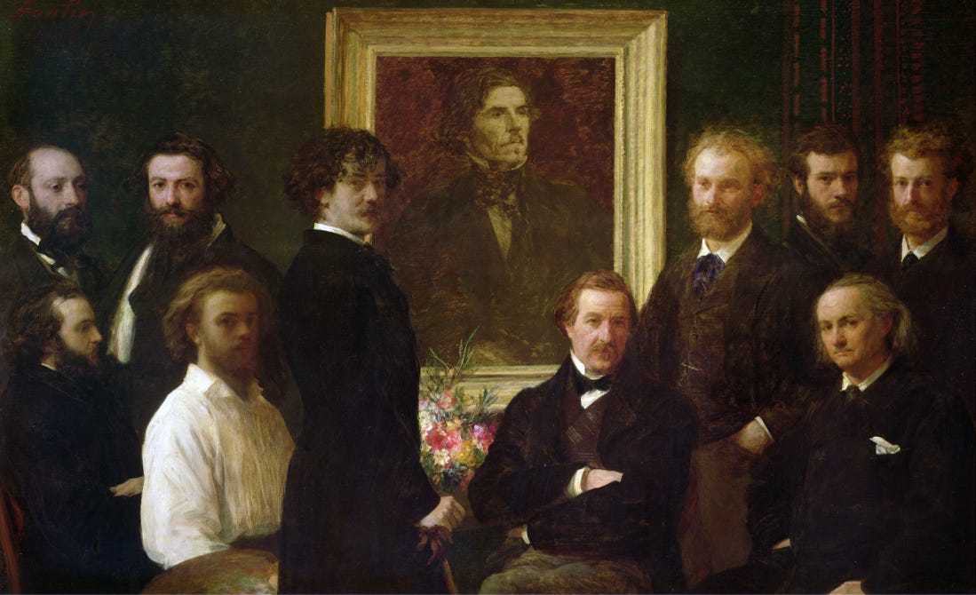 portrait of men in frock coats, standing in front of another portrait