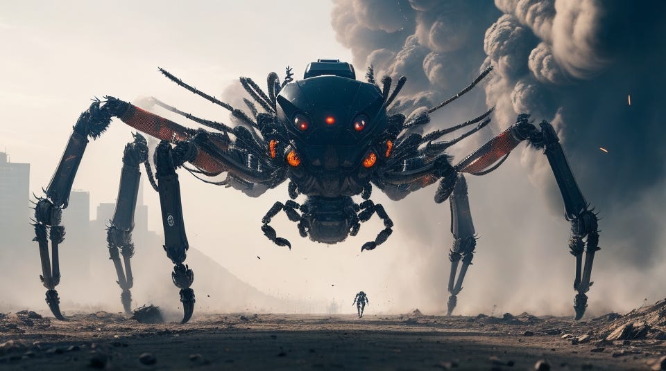 wide photographic shot of a terrifying giant spider robot running after terrified humans, cinematic, apocalyptic