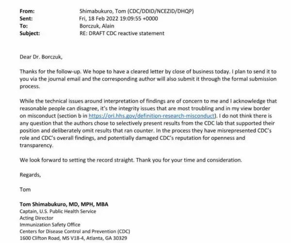An email from Dr. Tom Shimabukuro, a CDC official, to the editor of the journal Archives of Pathology & Laboratory Medicine. (CDC via The Epoch Times)
