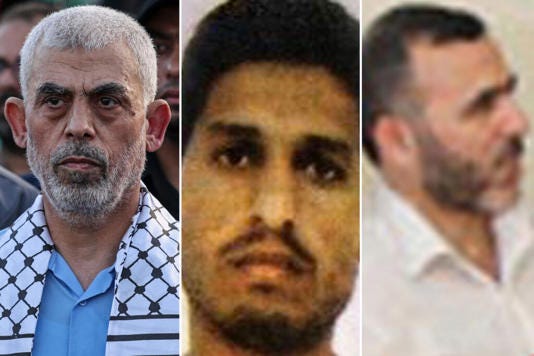 Hamas's Most Wanted: Yahya Sinwar, Mohammed Deif, and Marwan Issa are on the list for targeted assassinations. MAHMUD HAMS/AFP via Getty Images; Handout (2)